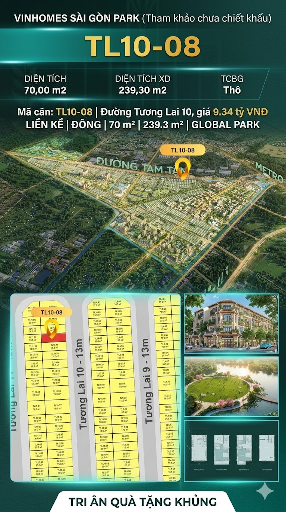 Nhà phố liền kề TL10-08 GLOBAL PARK Vinhomes Sài Gòn Park Giá 9.34 Tỷ