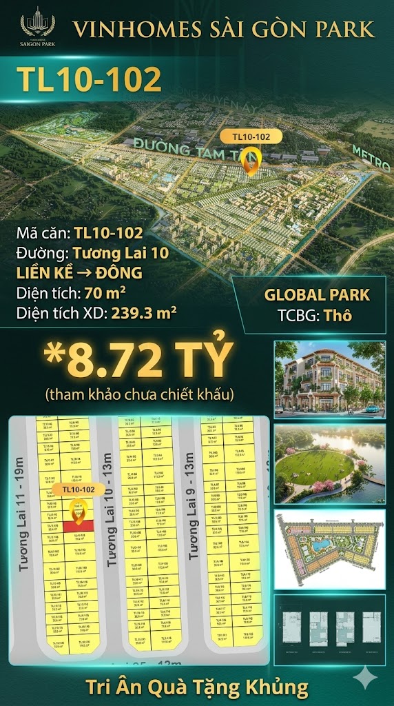 Nhà phố liền kề TL10-102 GLOBAL PARK Vinhomes Sài Gòn Park Giá 8.72 Tỷ