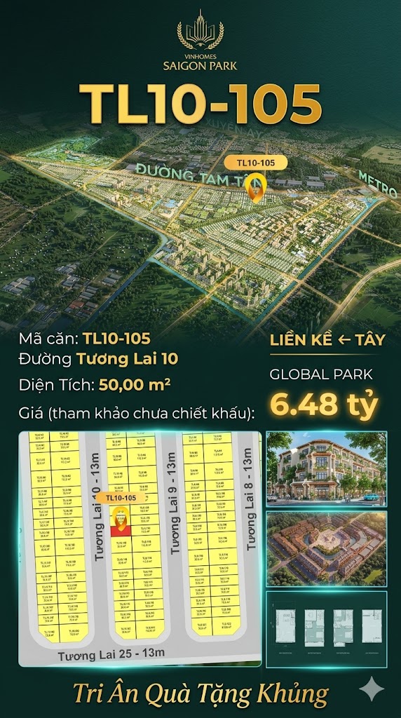 Nhà phố liền kề TL10-105 GLOBAL PARK Vinhomes Sài Gòn Park Giá 6.48 Tỷ
