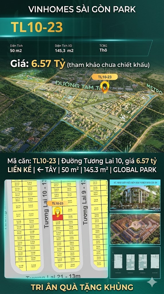 Nhà phố liền kề TL10-23 GLOBAL PARK Vinhomes Sài Gòn Park Giá 6.57 Tỷ