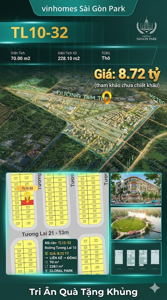 Nhà phố liền kề TL10-32 GLOBAL PARK Vinhomes Sài Gòn Park Giá 8.72 Tỷ