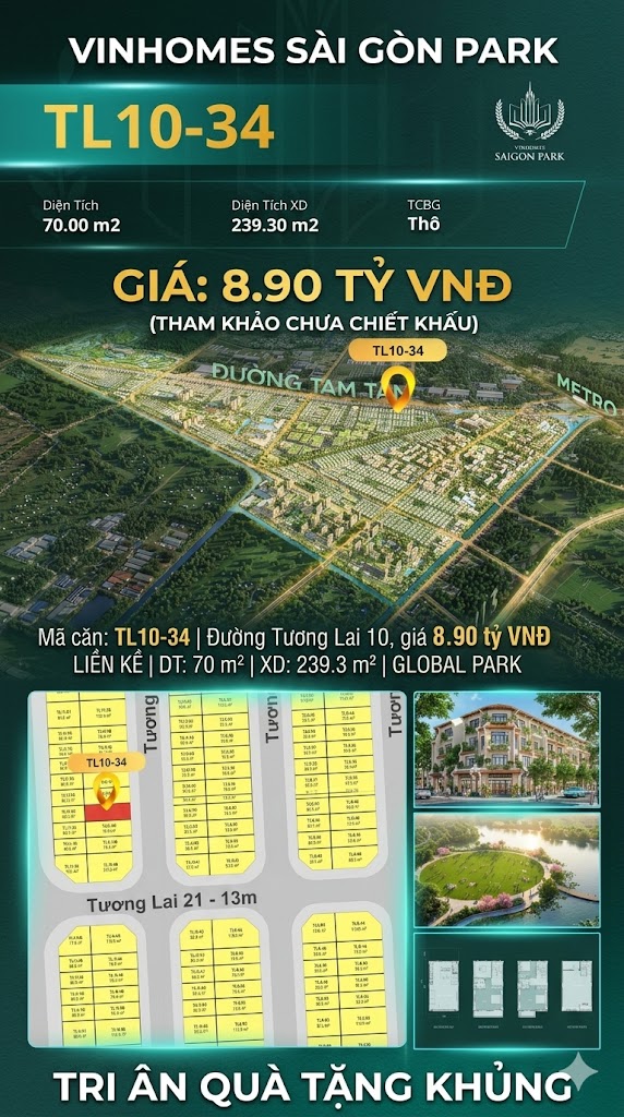 Nhà phố liền kề TL10-34 GLOBAL PARK Vinhomes Sài Gòn Park Giá 8.90 Tỷ