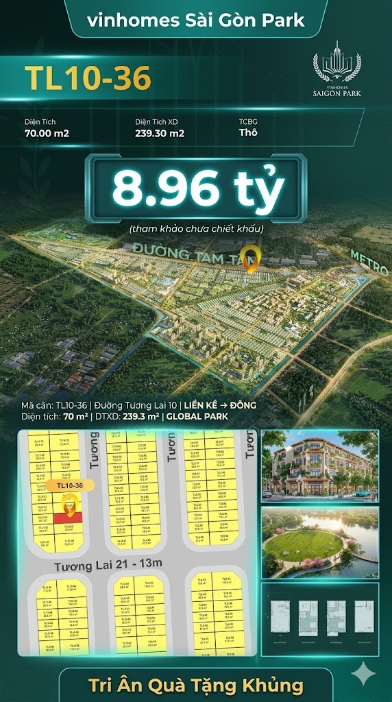 Nhà phố liền kề TL10-36 GLOBAL PARK Vinhomes Sài Gòn Park Giá 8.96 Tỷ
