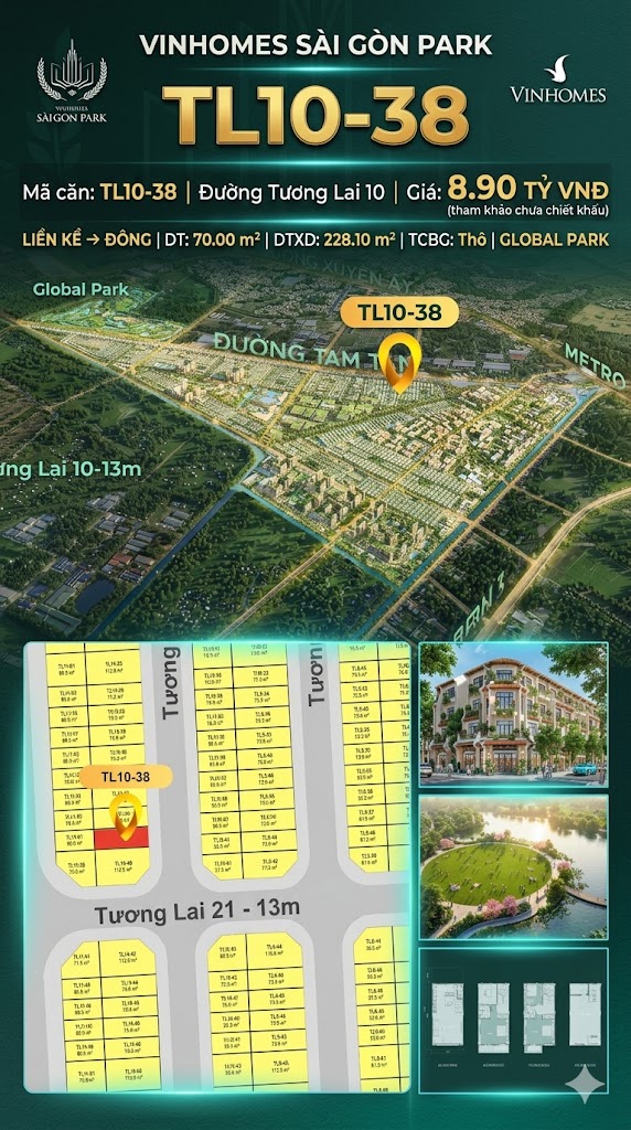Nhà phố liền kề TL10-38 GLOBAL PARK Vinhomes Sài Gòn Park Giá 8.90 Tỷ