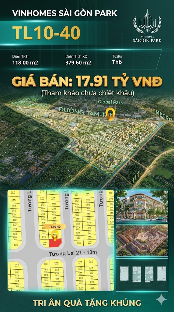 Nhà phố liền kề góc TL10-40 GLOBAL PARK Vinhomes Sài Gòn Park Giá 17.91 Tỷ