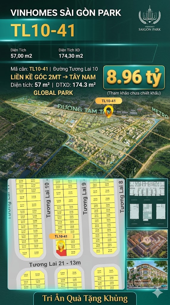 Nhà phố liền kề góc TL10-41 GLOBAL PARK Vinhomes Sài Gòn Park Giá 8.96 Tỷ