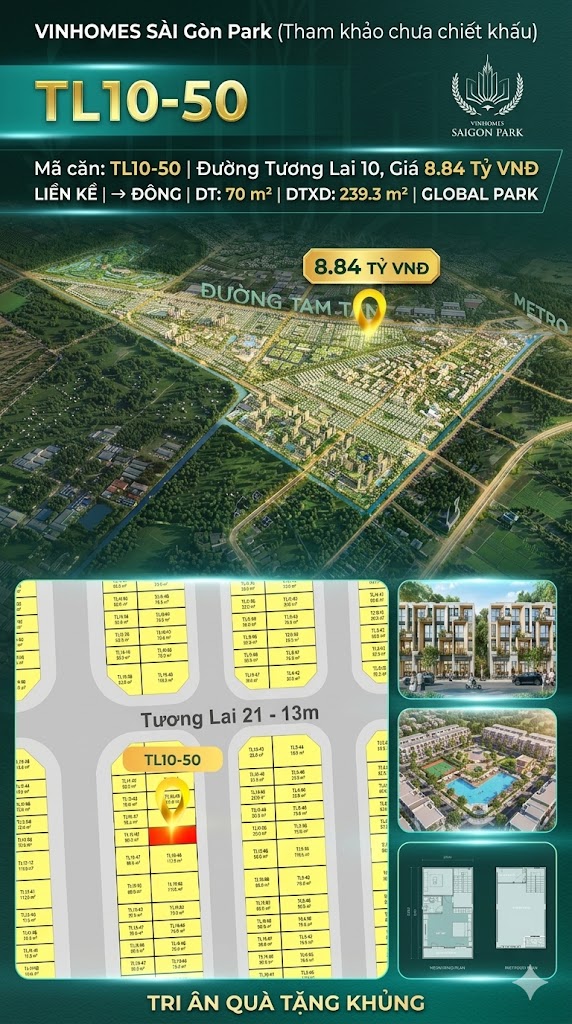 Nhà phố liền kề TL10-50 GLOBAL PARK Vinhomes Sài Gòn Park Giá 8.84 Tỷ