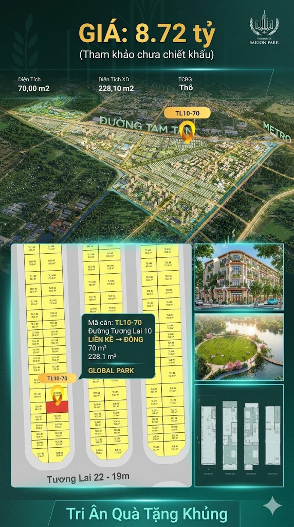 Nhà phố liền kề TL10-70 GLOBAL PARK Vinhomes Sài Gòn Park Giá 8.72 Tỷ