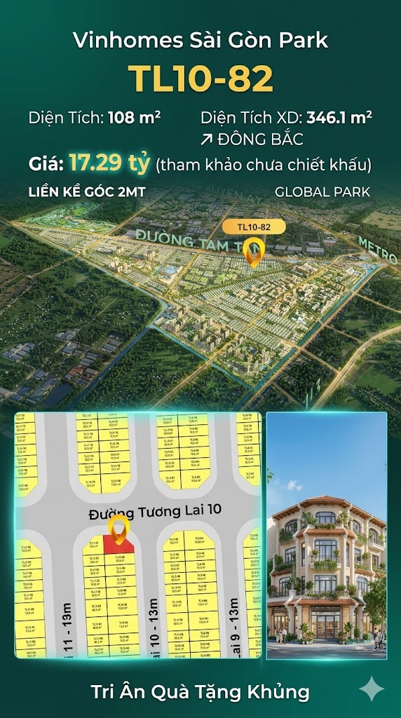 Nhà phố liền kề góc TL10-82 GLOBAL PARK Vinhomes Sài Gòn Park Giá 17.29 Tỷ