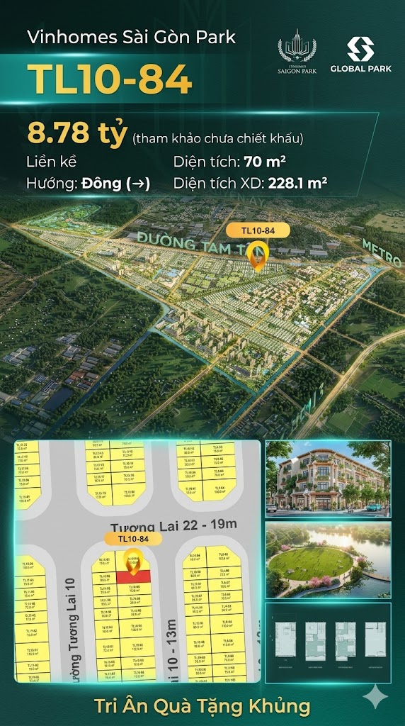 Nhà phố liền kề TL10-84 GLOBAL PARK Vinhomes Sài Gòn Park Giá 8.78 Tỷ