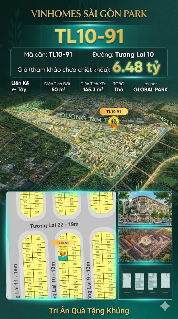 Nhà phố liền kề TL10-91 GLOBAL PARK Vinhomes Sài Gòn Park Giá 6.48 Tỷ