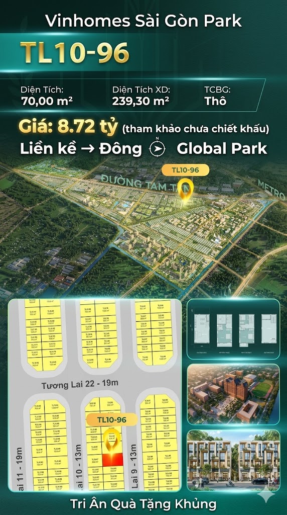 Nhà phố liền kề TL10-96 GLOBAL PARK Vinhomes Sài Gòn Park Giá 8.72 Tỷ