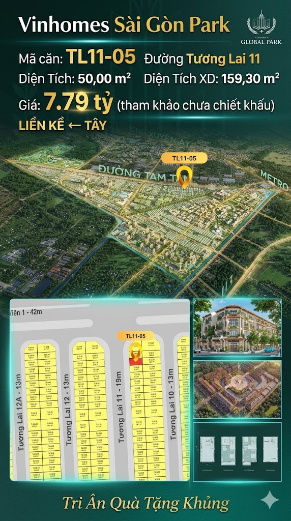 Nhà liền kề TL11-05 Global Park Vinhomes Sài Gòn Park Giá 7.79 Tỷ