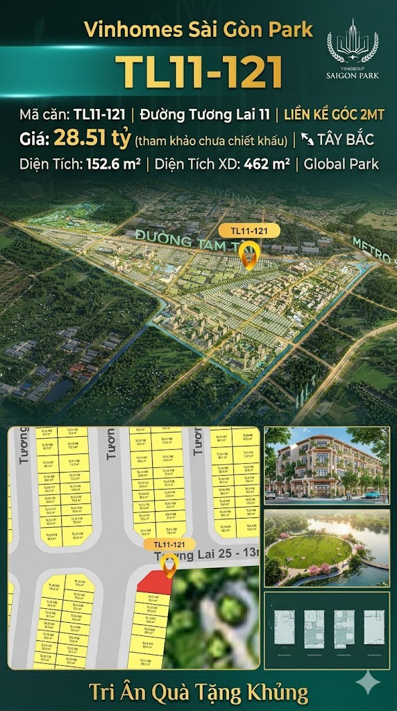 Nhà liền kề góc TL11-121 Global Park Vinhomes Sài Gòn Park Giá 28.51 Tỷ