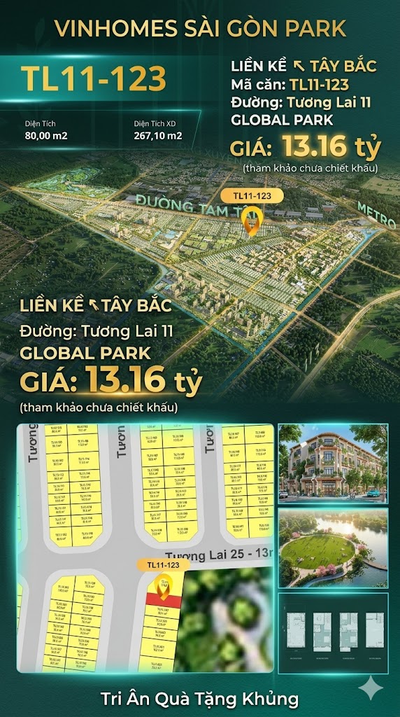 Nhà liền kề TL11-123 Global Park Vinhomes Sài Gòn Park Giá 13.16 Tỷ