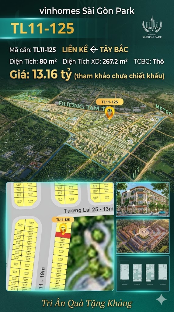 Nhà liền kề TL11-125 Global Park Vinhomes Sài Gòn Park Giá 13.16 Tỷ