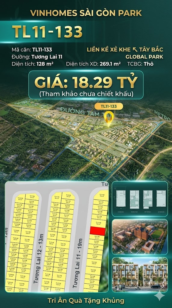 Nhà liền kề xẻ khe TL11-133 Global Park Vinhomes Sài Gòn Park Giá 18.29 Tỷ