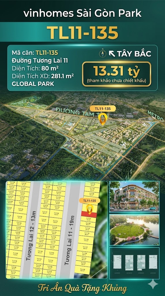 Nhà liền kề TL11-135 Global Park Vinhomes Sài Gòn Park Giá 13.31 Tỷ