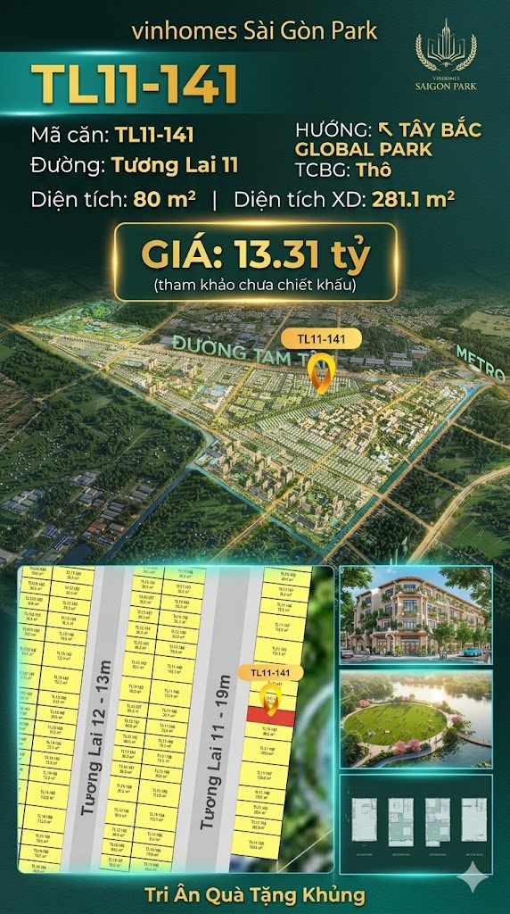Nhà liền kề TL11-141 Global Park Vinhomes Sài Gòn Park Giá 13.31 Tỷ