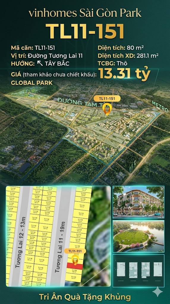 Nhà liền kề TL11-151 Global Park Vinhomes Sài Gòn Park Giá 13.31 Tỷ