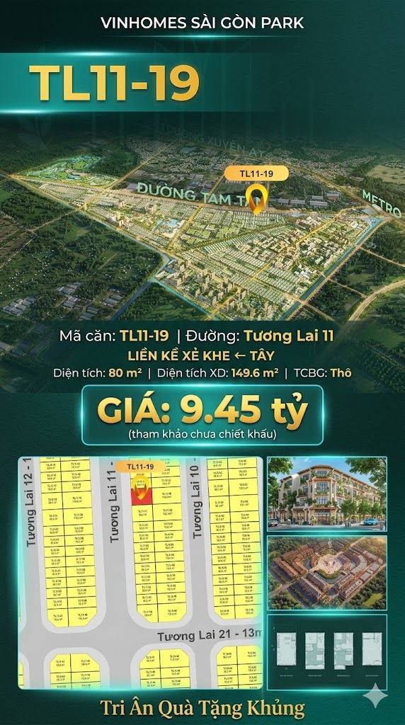 Nhà liền kề TL11-19 Global Park Vinhomes Sài Gòn Park Giá 9.45 Tỷ