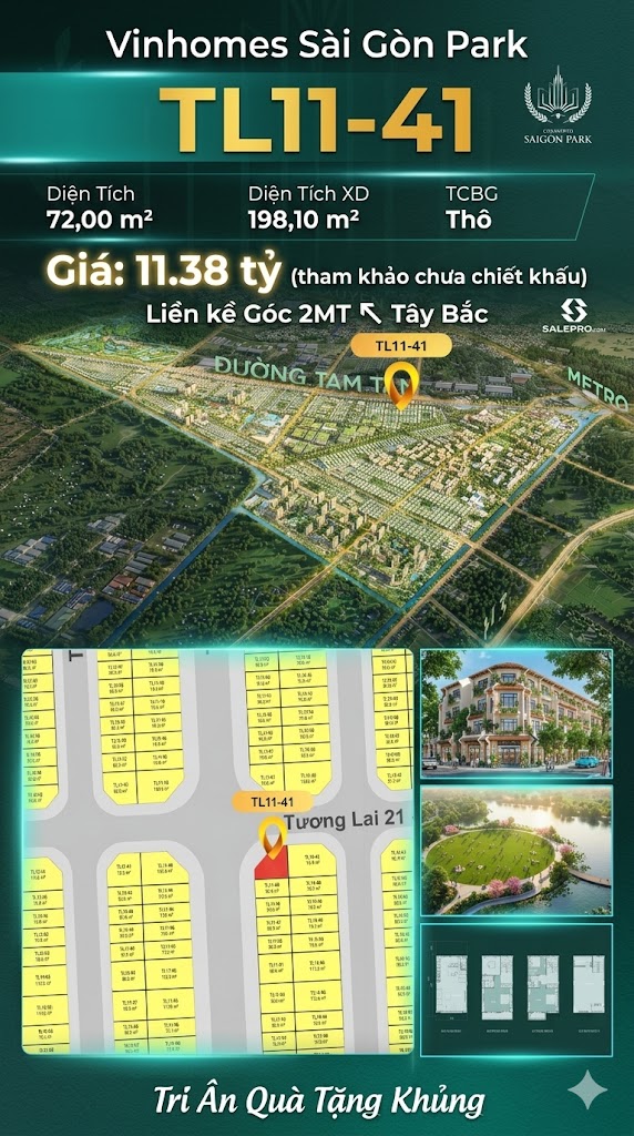 Nhà liền kề góc TL11-41 Global Park Vinhomes Sài Gòn Park Giá 11.38 Tỷ