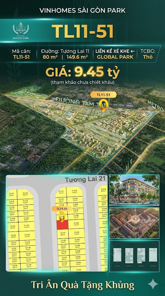 Nhà liền kề TL11-51 Global Park Vinhomes Sài Gòn Park Giá 9.45 Tỷ