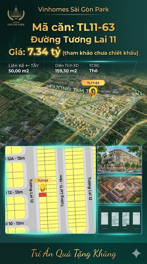 Nhà liền kề TL11-63 Global Park Vinhomes Sài Gòn Park Giá 7.34 Tỷ