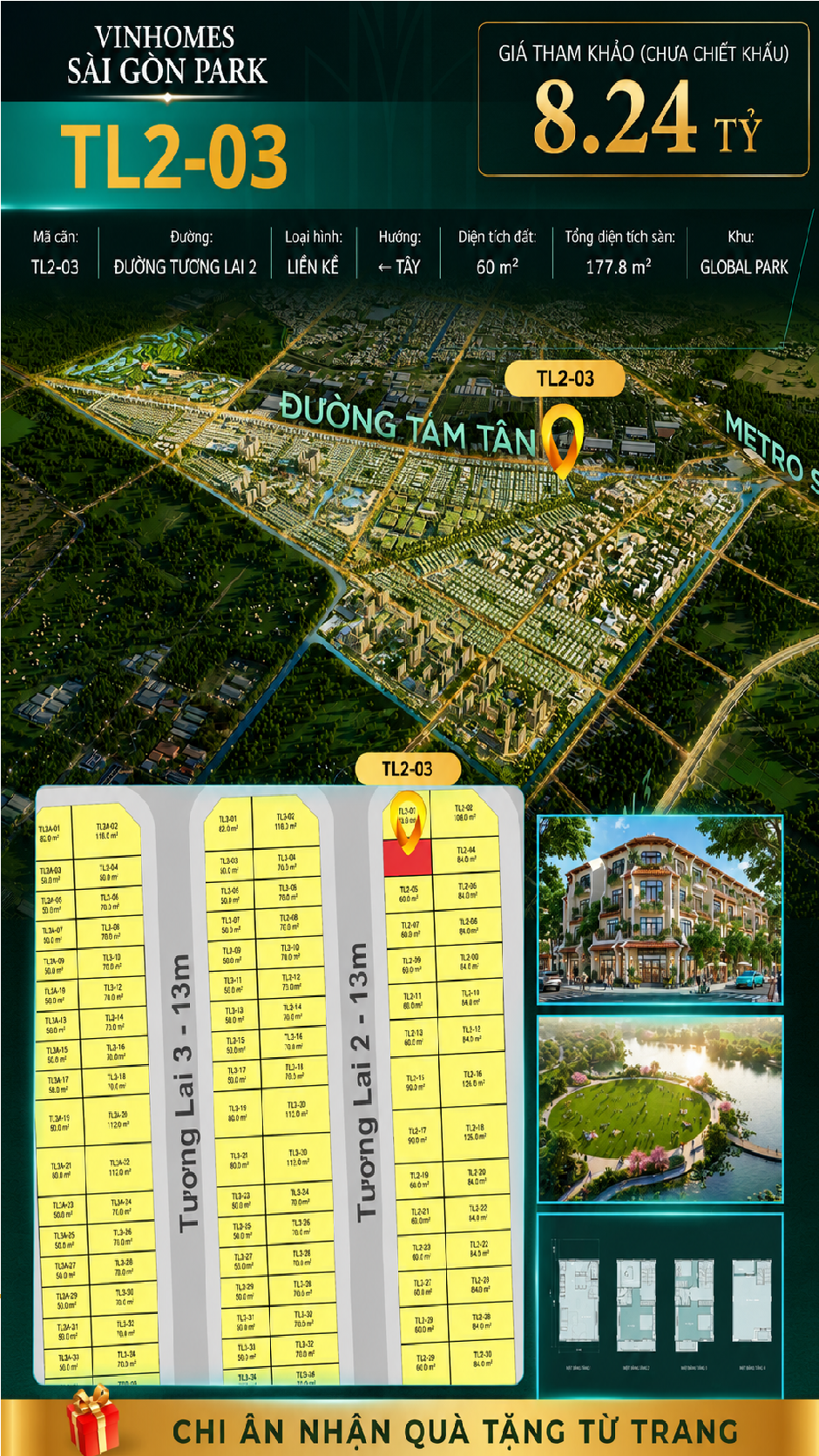 Nhà phố liền kề TL2-03 GLOBAL PARK Vinhomes Sài Gòn Park Giá 8.24 Tỷ