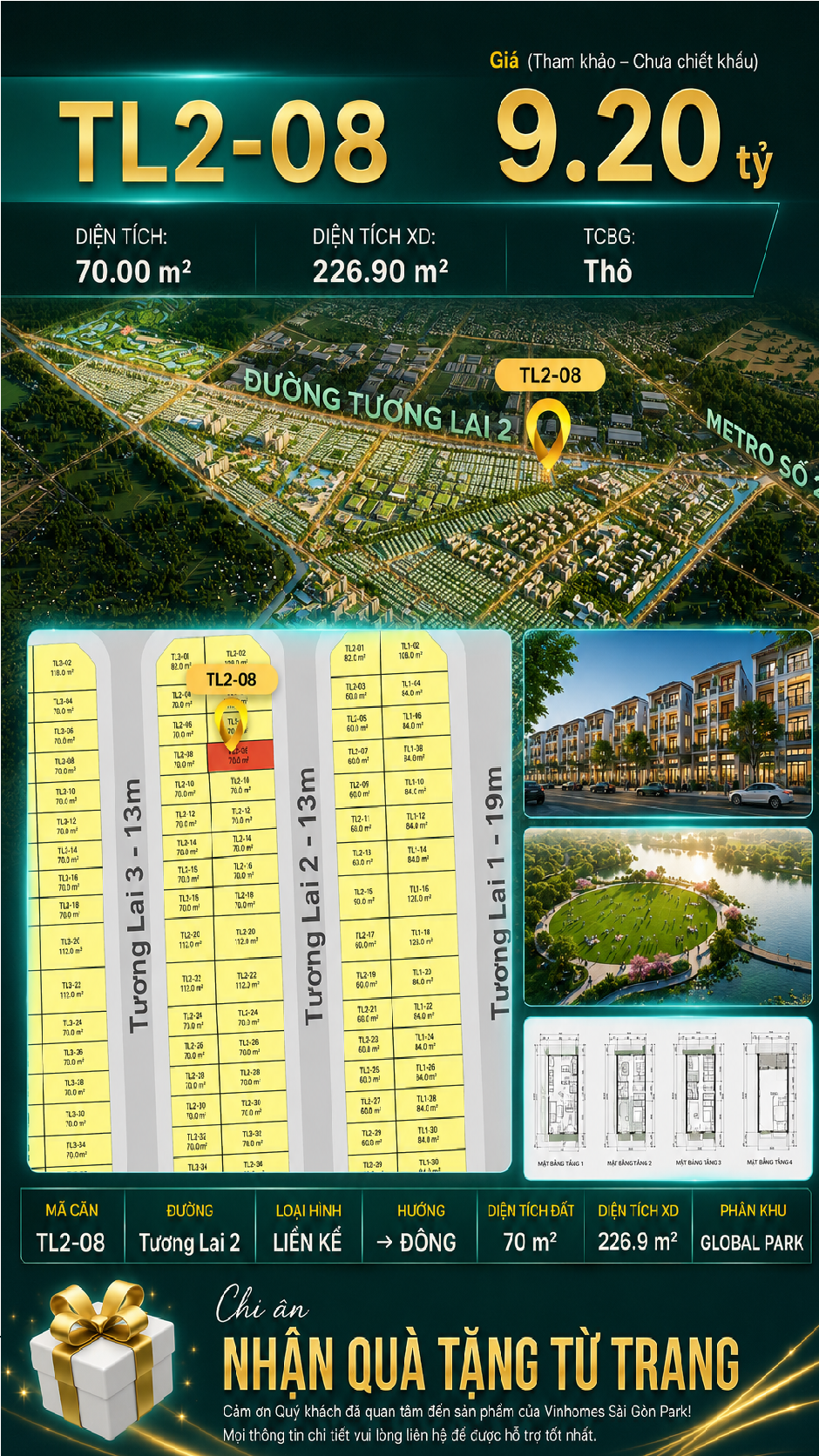 Nhà phố liền kề TL2-08 GLOBAL PARK Vinhomes Sài Gòn Park Giá 9.2 Tỷ
