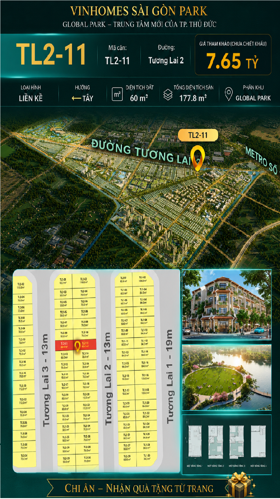 Nhà phố liền kề TL2-11 GLOBAL PARK Vinhomes Sài Gòn Park Giá 7.65 Tỷ