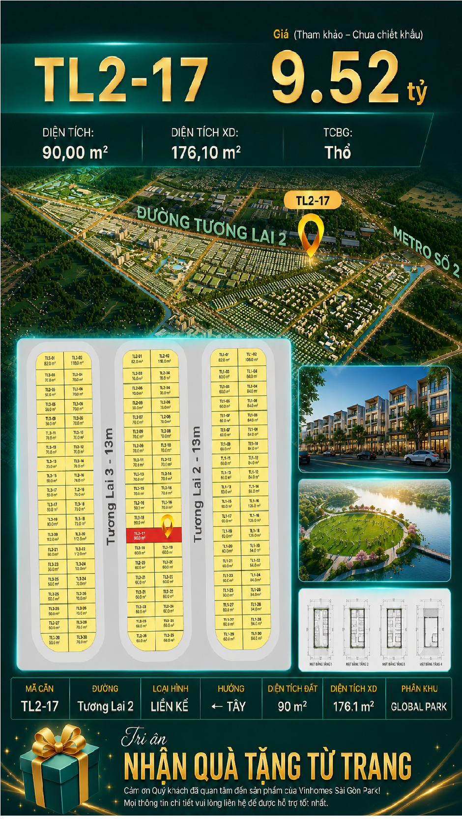 Nhà phố liền kề TL2-17 GLOBAL PARK Vinhomes Sài Gòn Park Giá 9.52 Tỷ