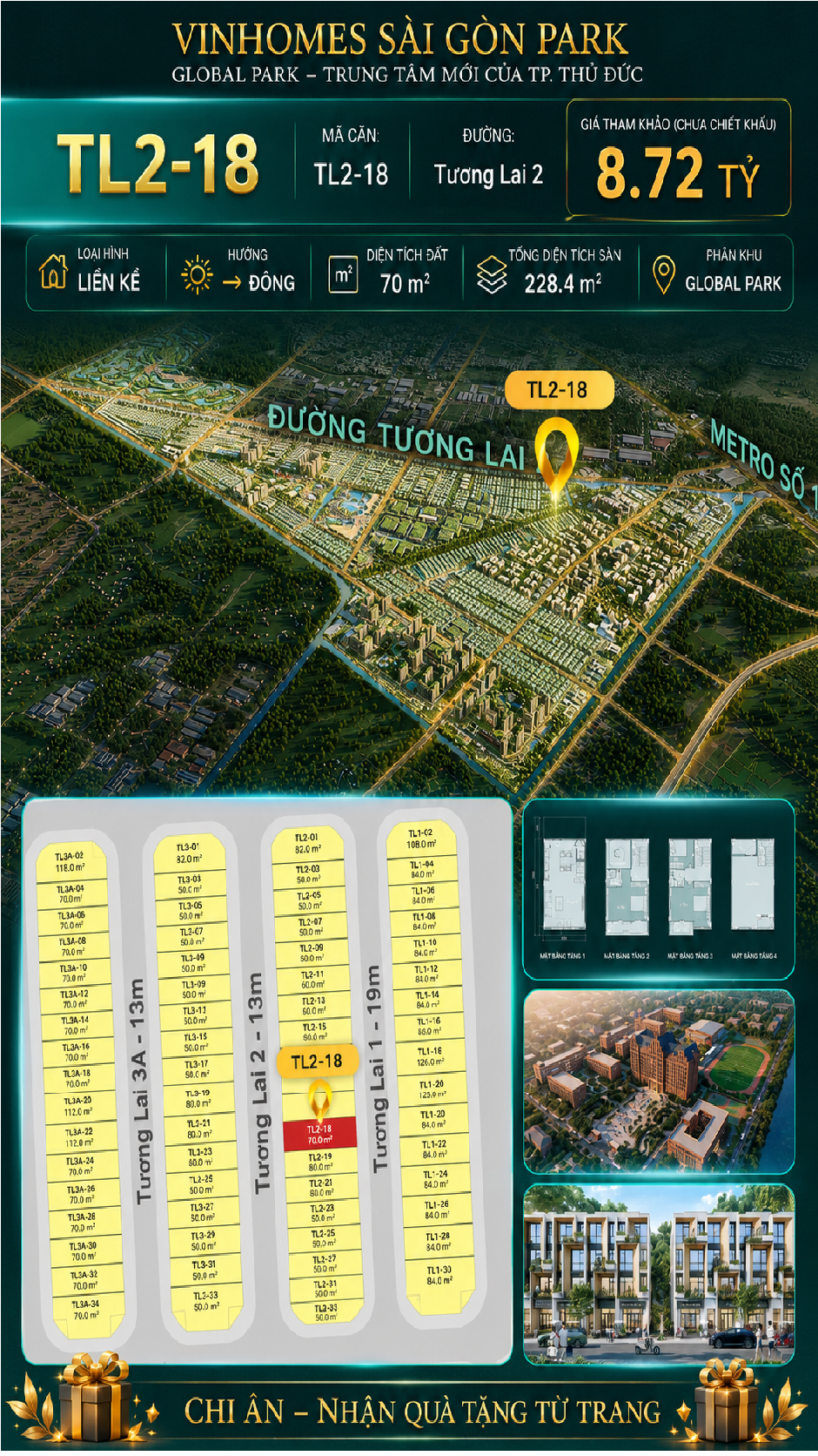 Nhà phố liền kề TL2-18 GLOBAL PARK Vinhomes Sài Gòn Park Giá 8.72 Tỷ