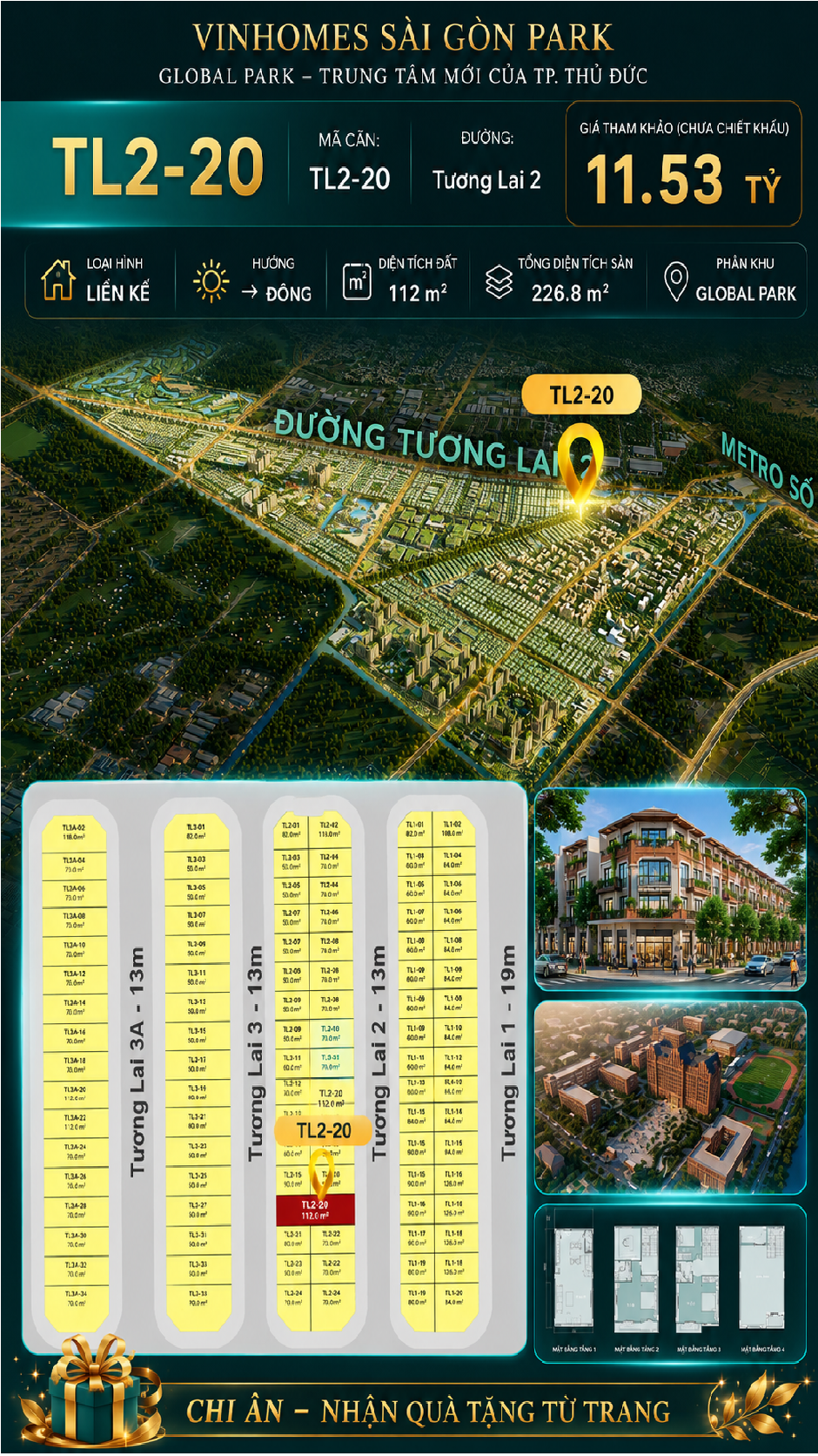 Nhà phố liền kề TL2-20 GLOBAL PARK Vinhomes Sài Gòn Park Giá 11.53 Tỷ