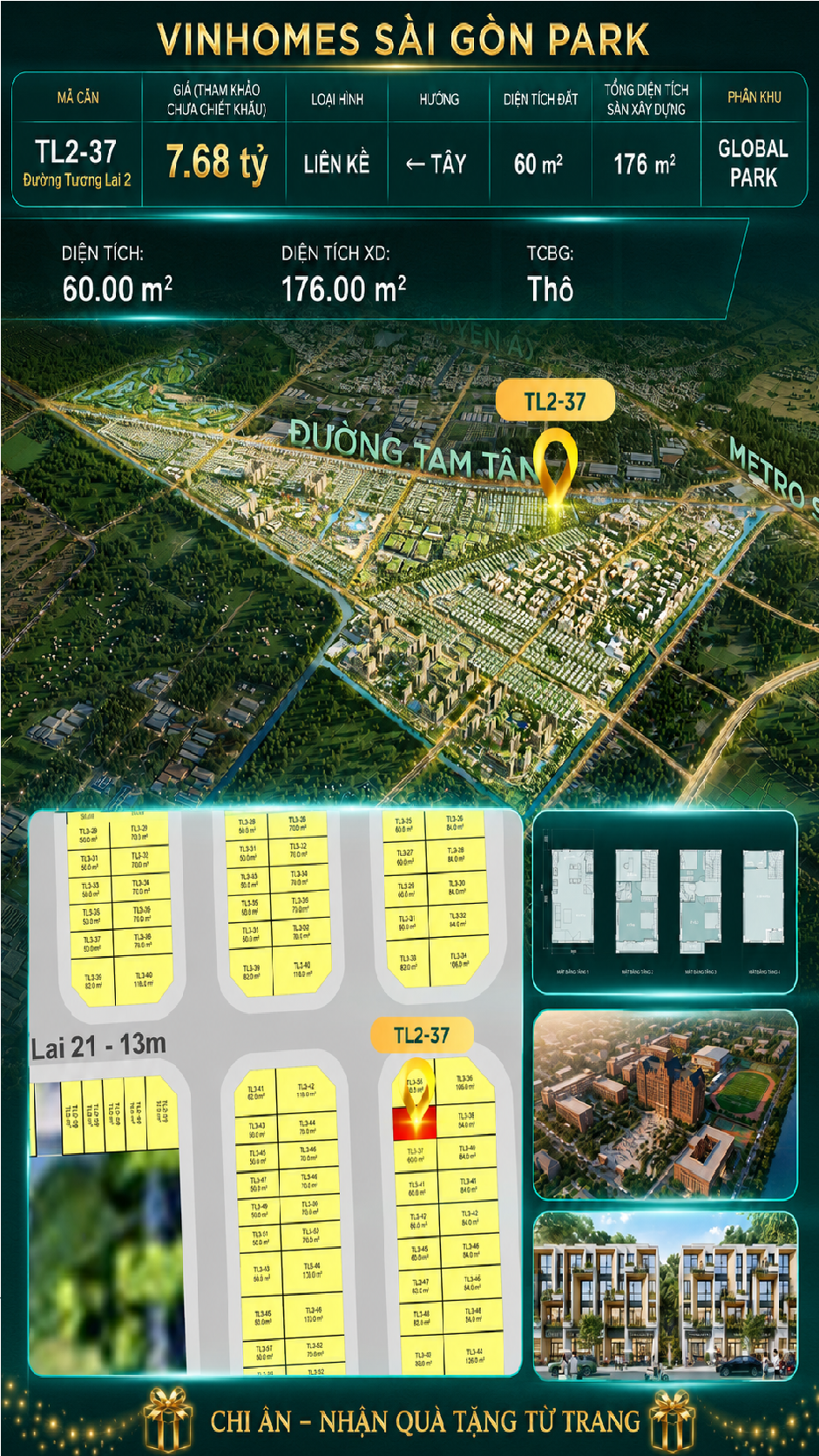 Nhà phố liền kề TL2-37 GLOBAL PARK Vinhomes Sài Gòn Park Giá 7.68 Tỷ