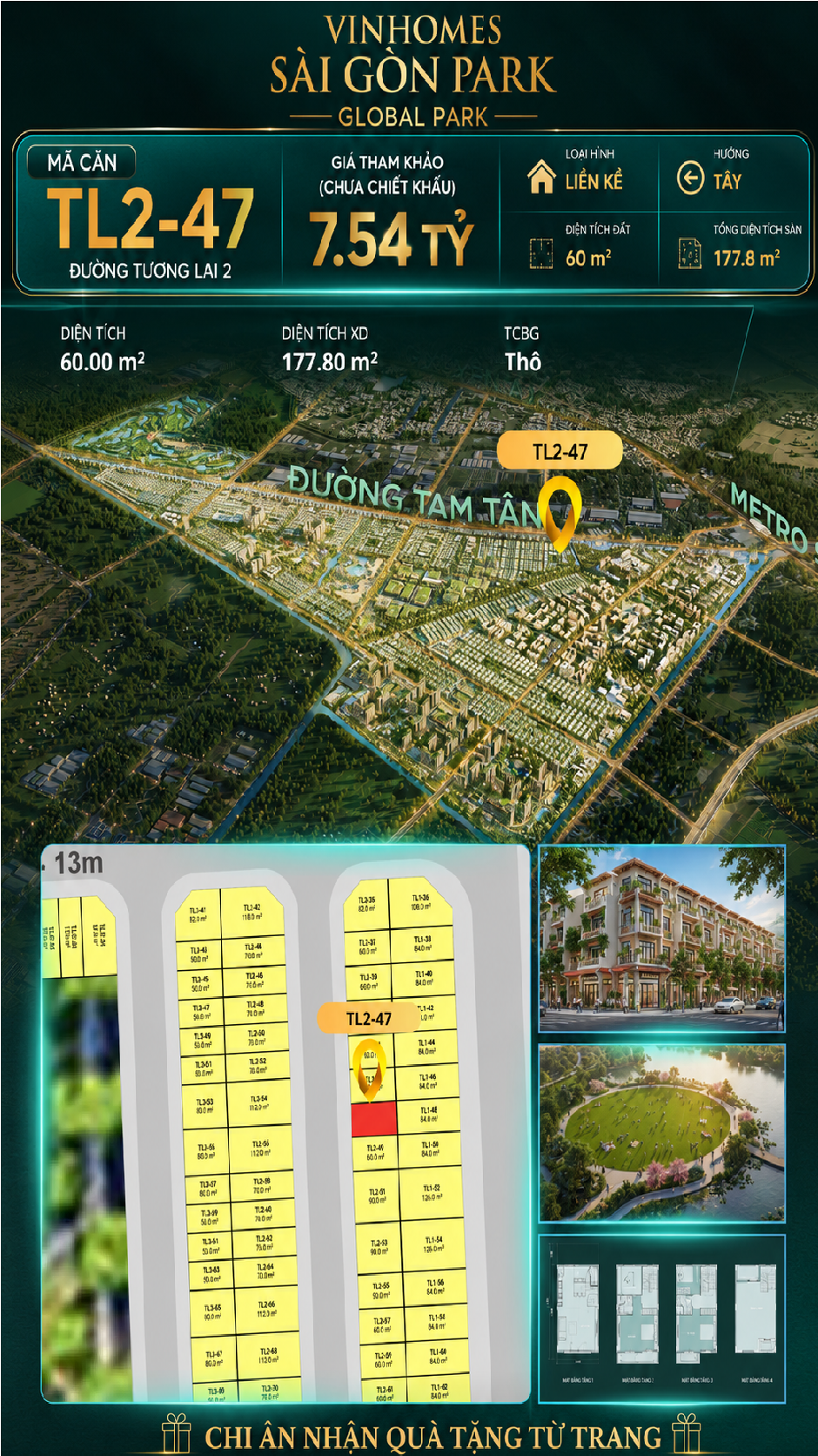 Nhà phố liền kề TL2-47 GLOBAL PARK Vinhomes Sài Gòn Park Giá 7.54 Tỷ