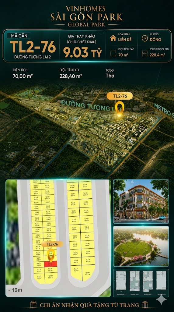 Nhà phố liền kề TL2-76 GLOBAL PARK Vinhomes Sài Gòn Park Giá 9.03 Tỷ