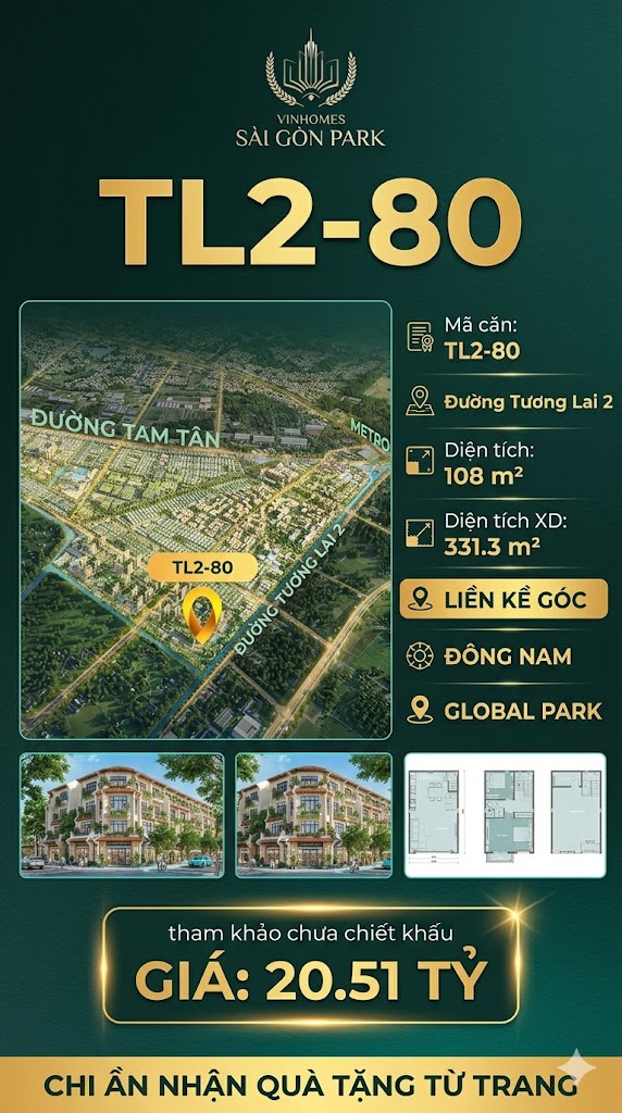 Nhà phố liền kề góc TL2-80 GLOBAL PARK Vinhomes Sài Gòn Park Giá 20.51 Tỷ
