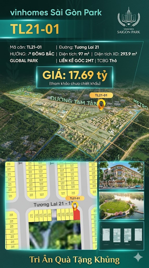 Nhà liền kề góc TL21-01 Global Park Vinhomes Sài Gòn Park Giá 17.69 Tỷ