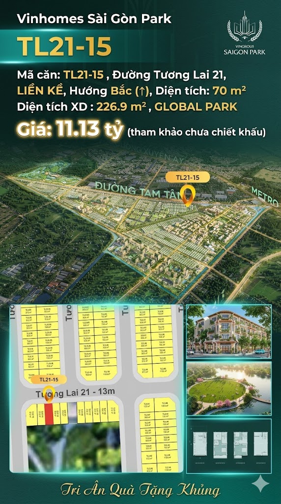 Nhà liền kề TL21-15 Global Park Vinhomes Sài Gòn Park Giá 11.13 Tỷ