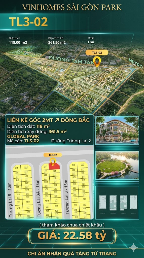Nhà phố liền kề góc TL3-02 GLOBAL PARK Vinhomes Sài Gòn Park Giá 22.58 Tỷ