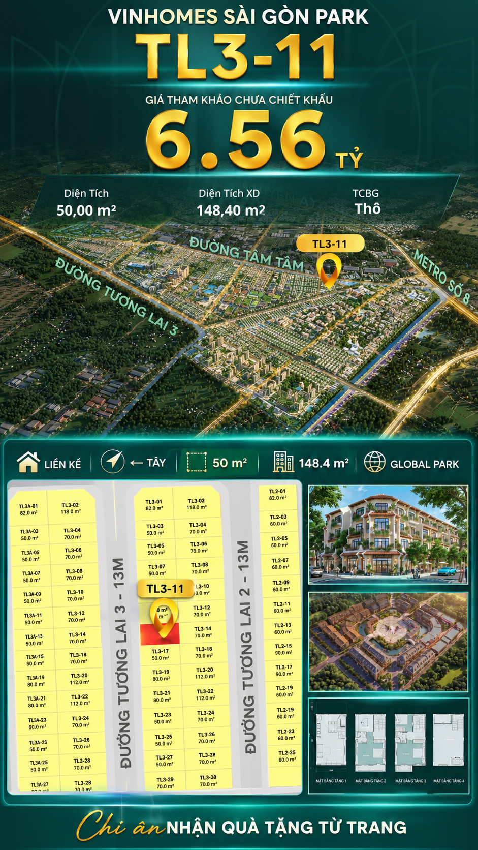 Nhà phố liền kề TL3-11 GLOBAL PARK Vinhomes Sài Gòn Park Giá 6.56 Tỷ