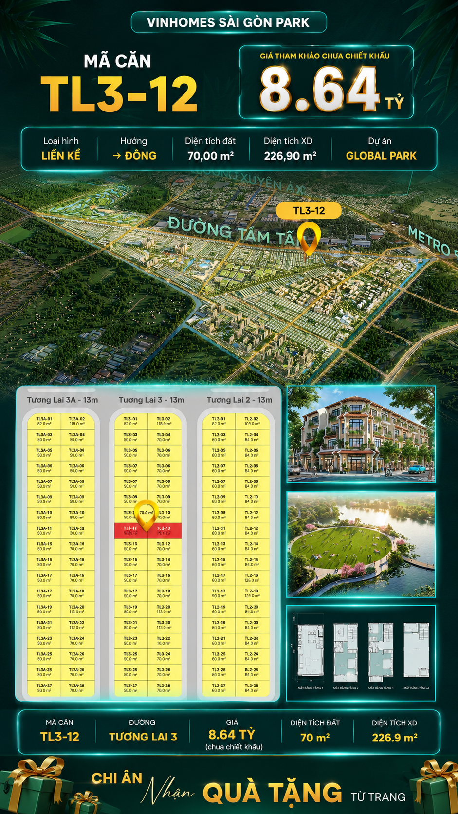 Nhà phố liền kề TL3-12 GLOBAL PARK Vinhomes Sài Gòn Park Giá 8.64 Tỷ