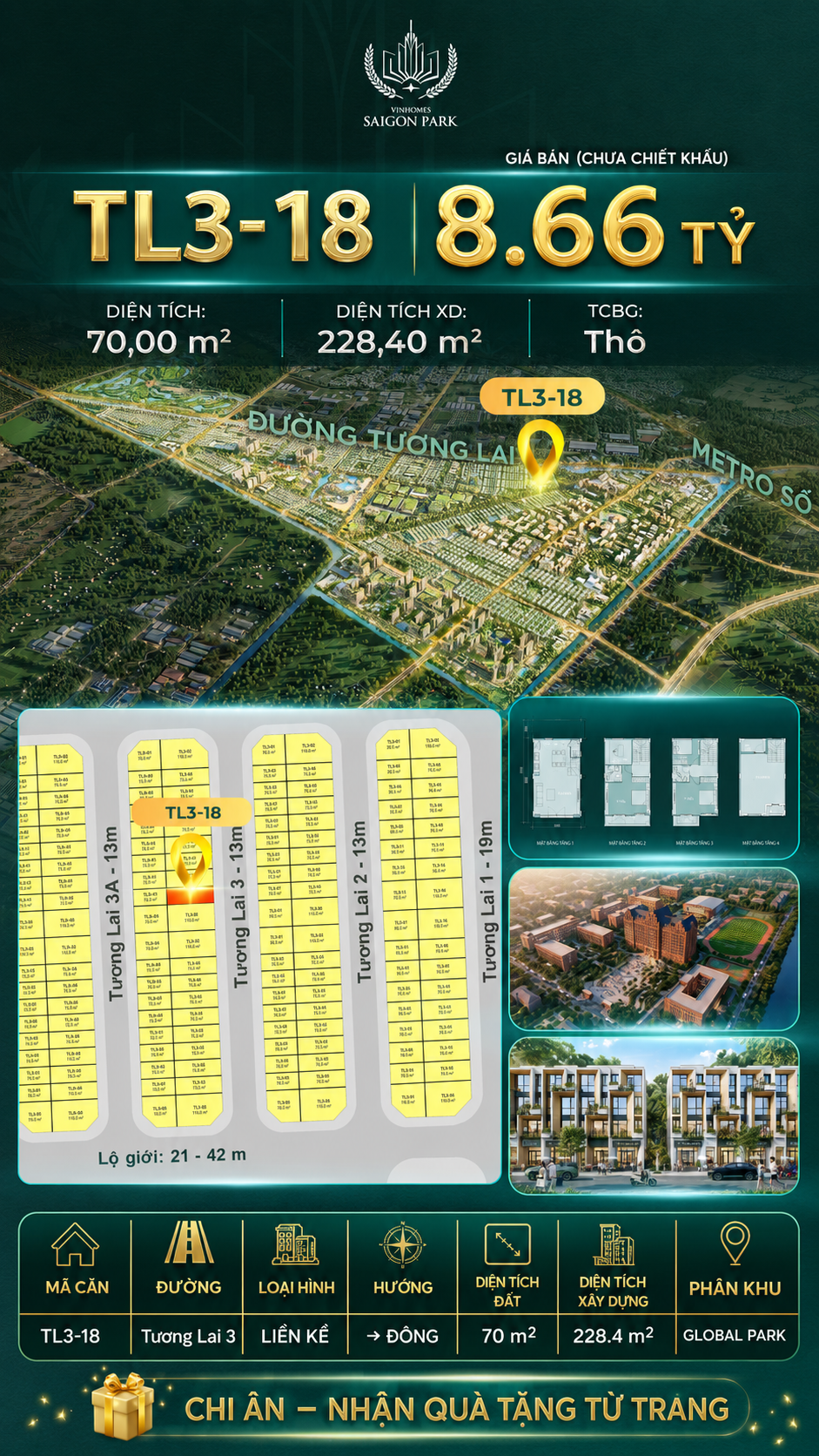 Nhà phố liền kề TL3-18 GLOBAL PARK Vinhomes Sài Gòn Park Giá 8.66 Tỷ