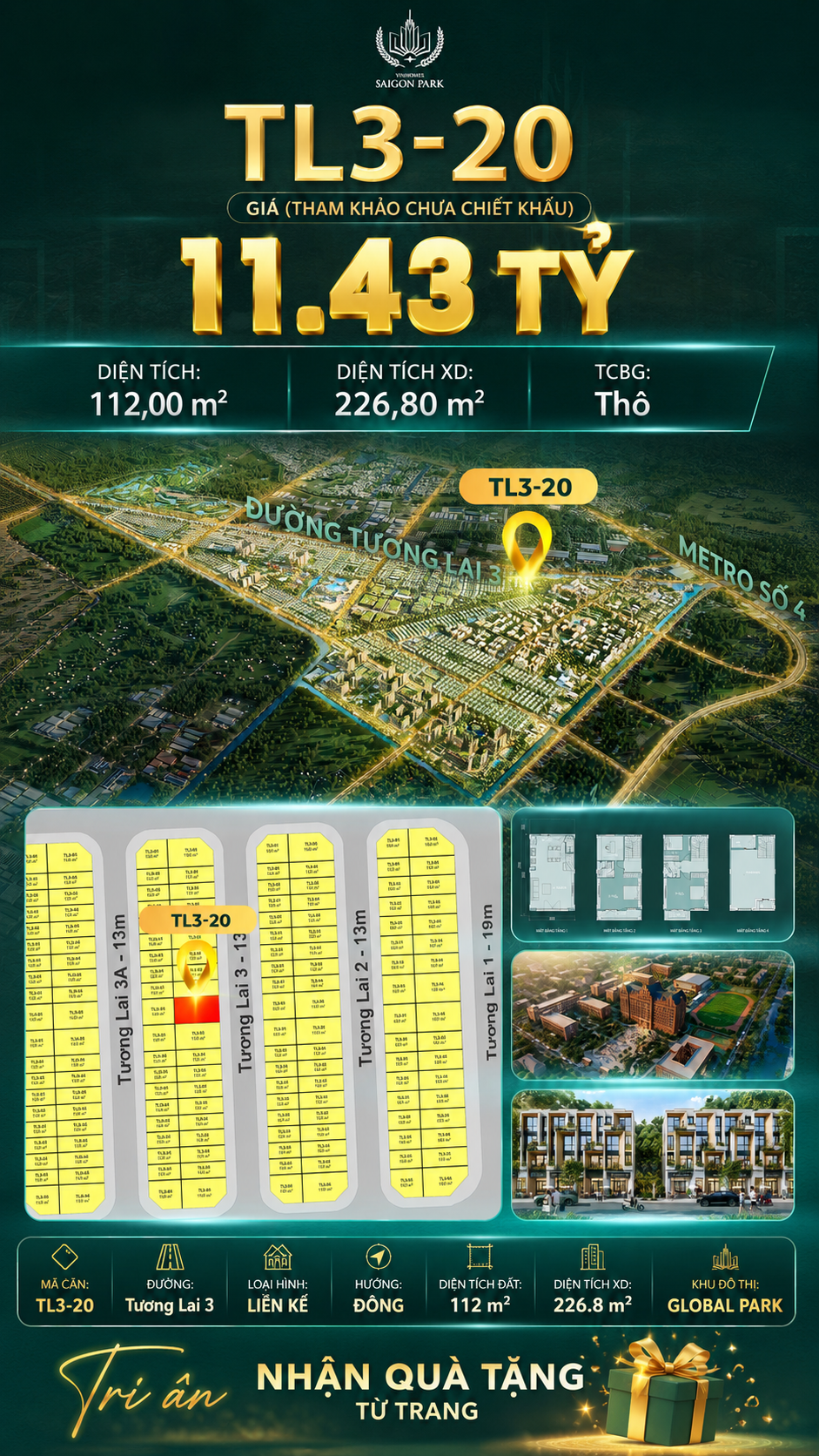 Nhà phố liền kề TL3-20 GLOBAL PARK Vinhomes Sài Gòn Park Giá 11.43 Tỷ