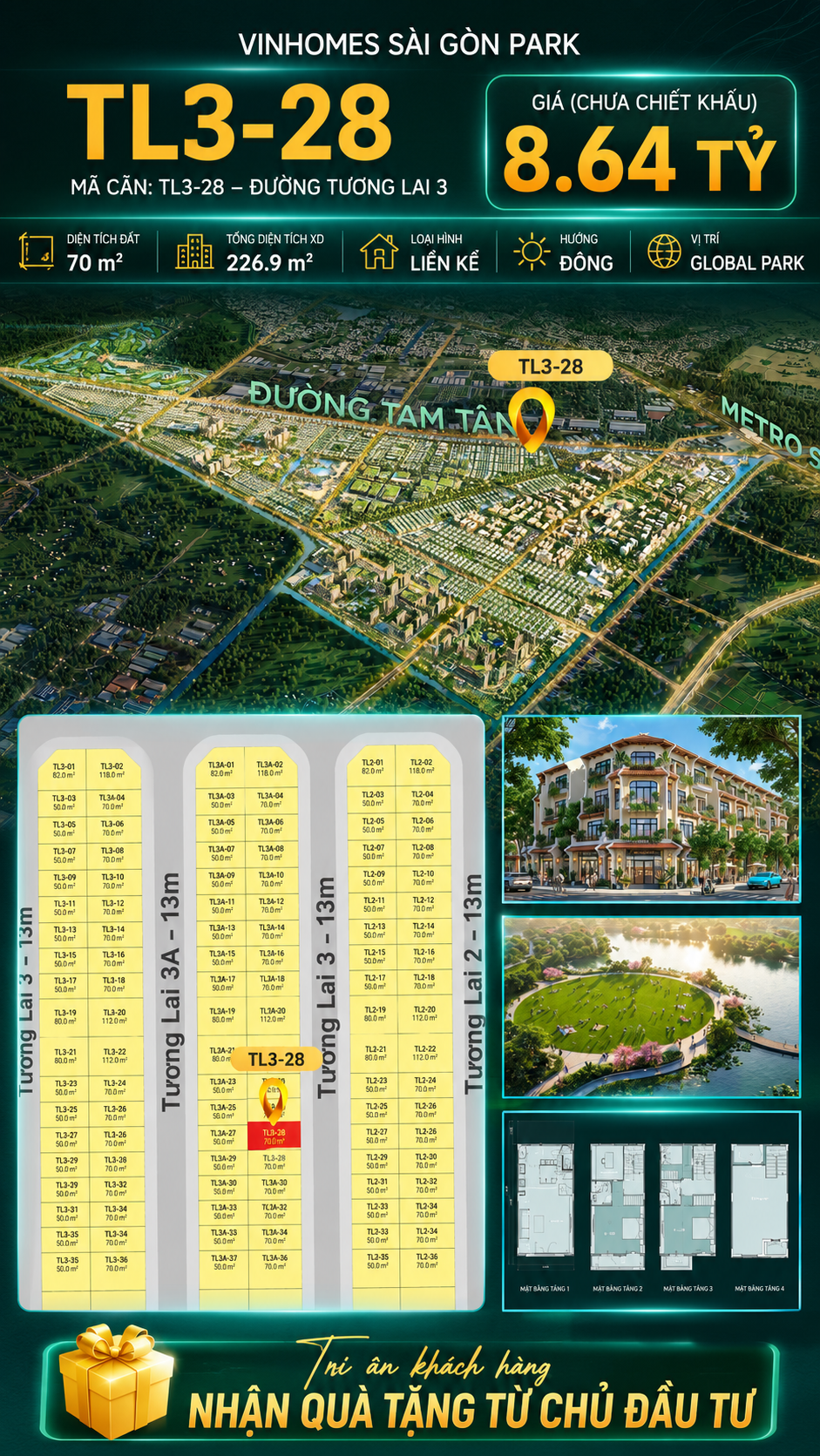 Nhà phố liền kề TL3-28 GLOBAL PARK Vinhomes Sài Gòn Park Giá 8.64 Tỷ
