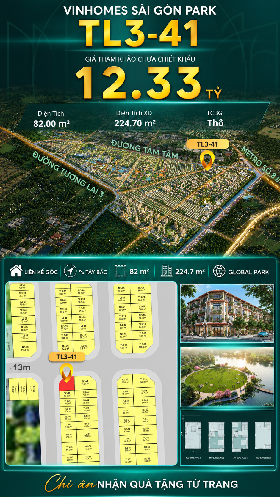 Nhà phố liền kề góc TL3-41 GLOBAL PARK Vinhomes Sài Gòn Park Giá 12.33 Tỷ
