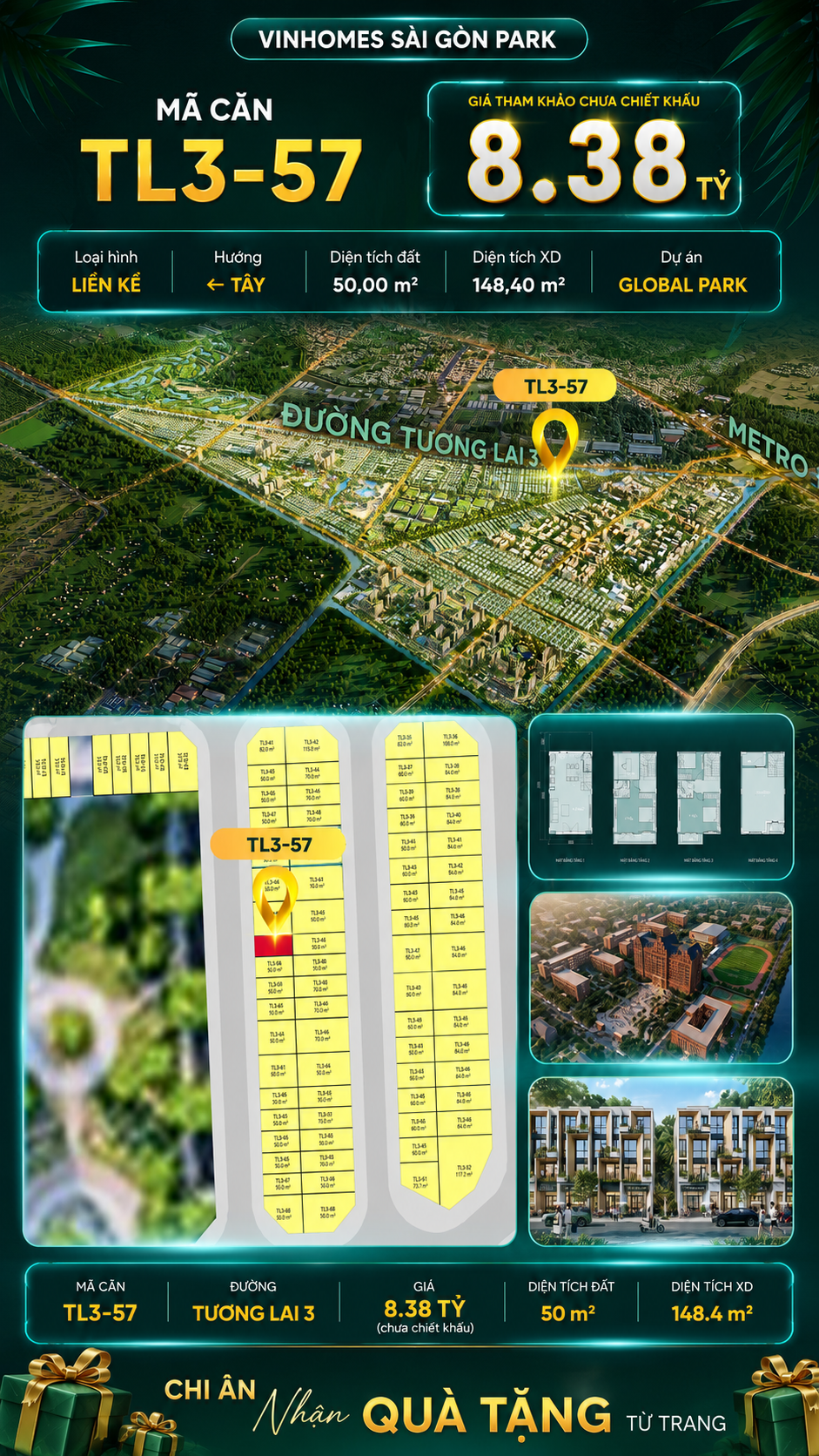 Nhà phố liền kề TL3-57 GLOBAL PARK Vinhomes Sài Gòn Park Giá 8.38 Tỷ