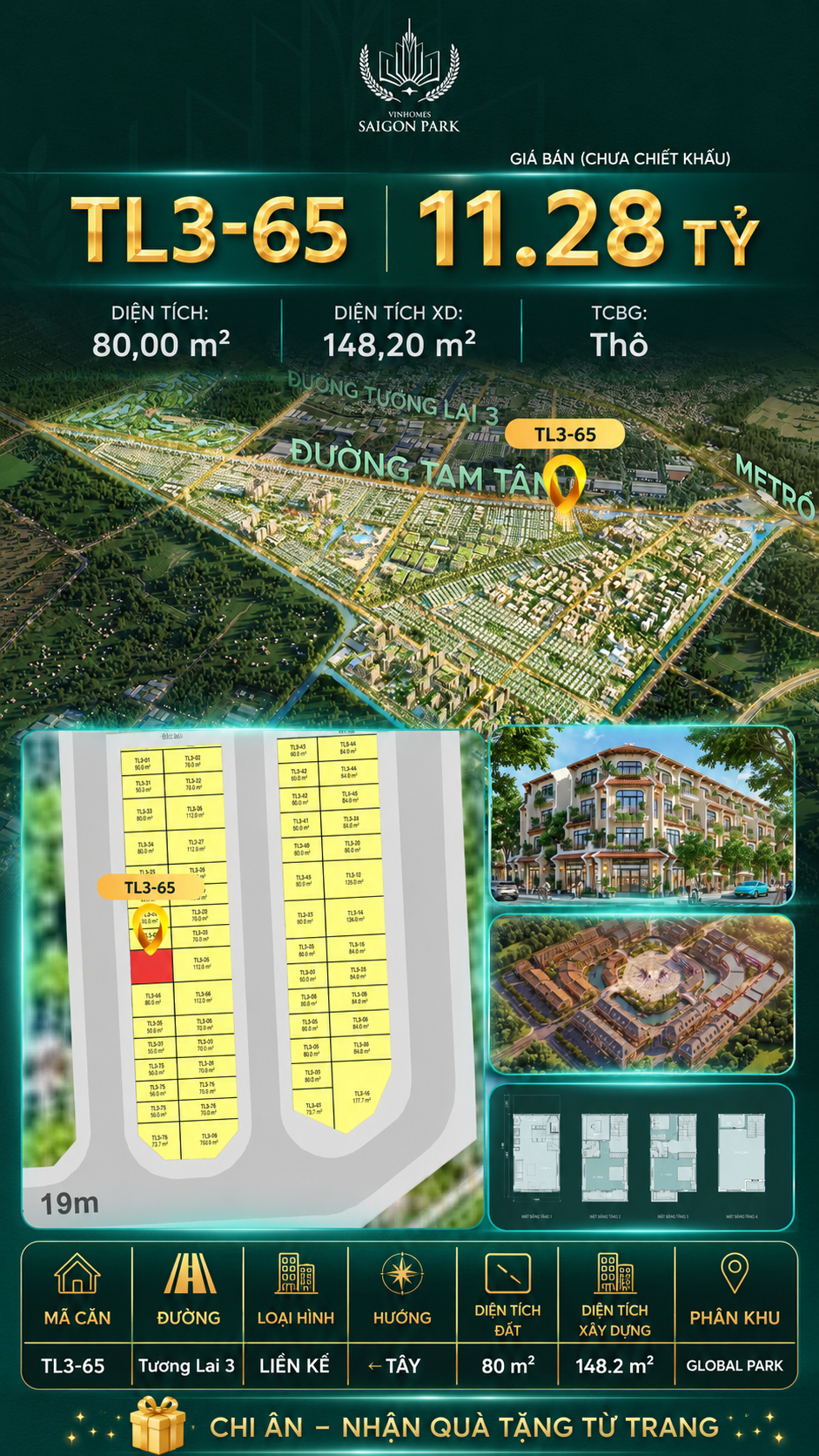 Nhà phố liền kề TL3-65 GLOBAL PARK Vinhomes Sài Gòn Park Giá 11.28 Tỷ