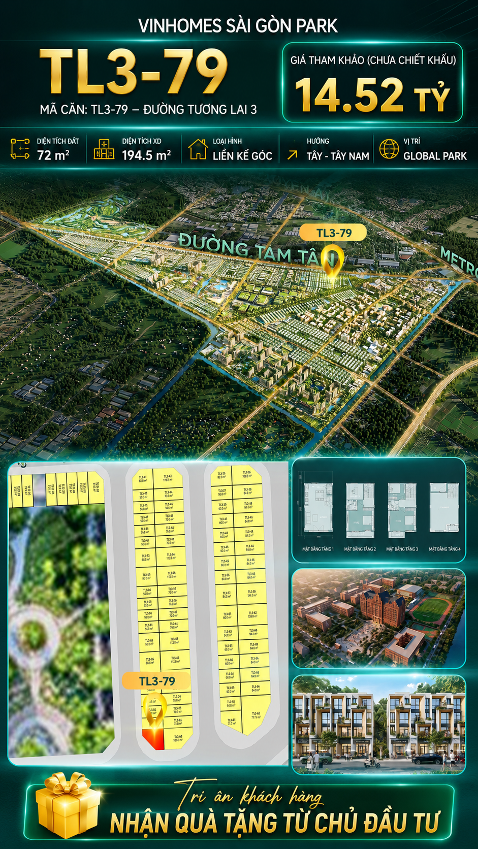 Nhà phố liền kề góc TL3-79 GLOBAL PARK Vinhomes Sài Gòn Park Giá 14.52 Tỷ